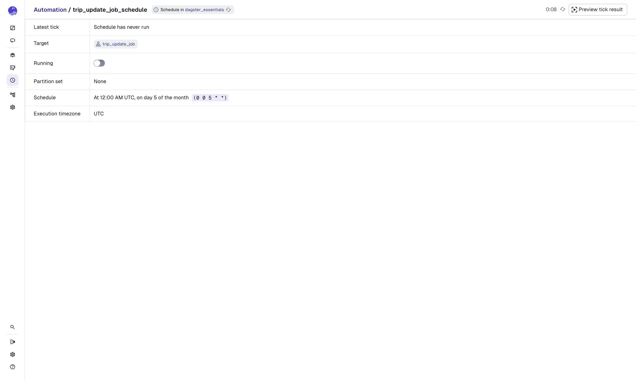 The Schedule details page in the Dagster UI