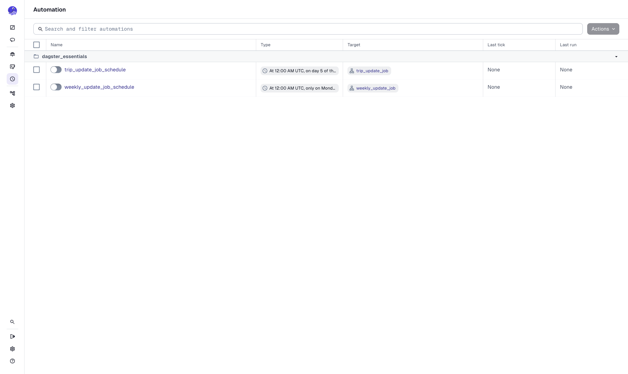 The Schedules tab in the Dagster UI